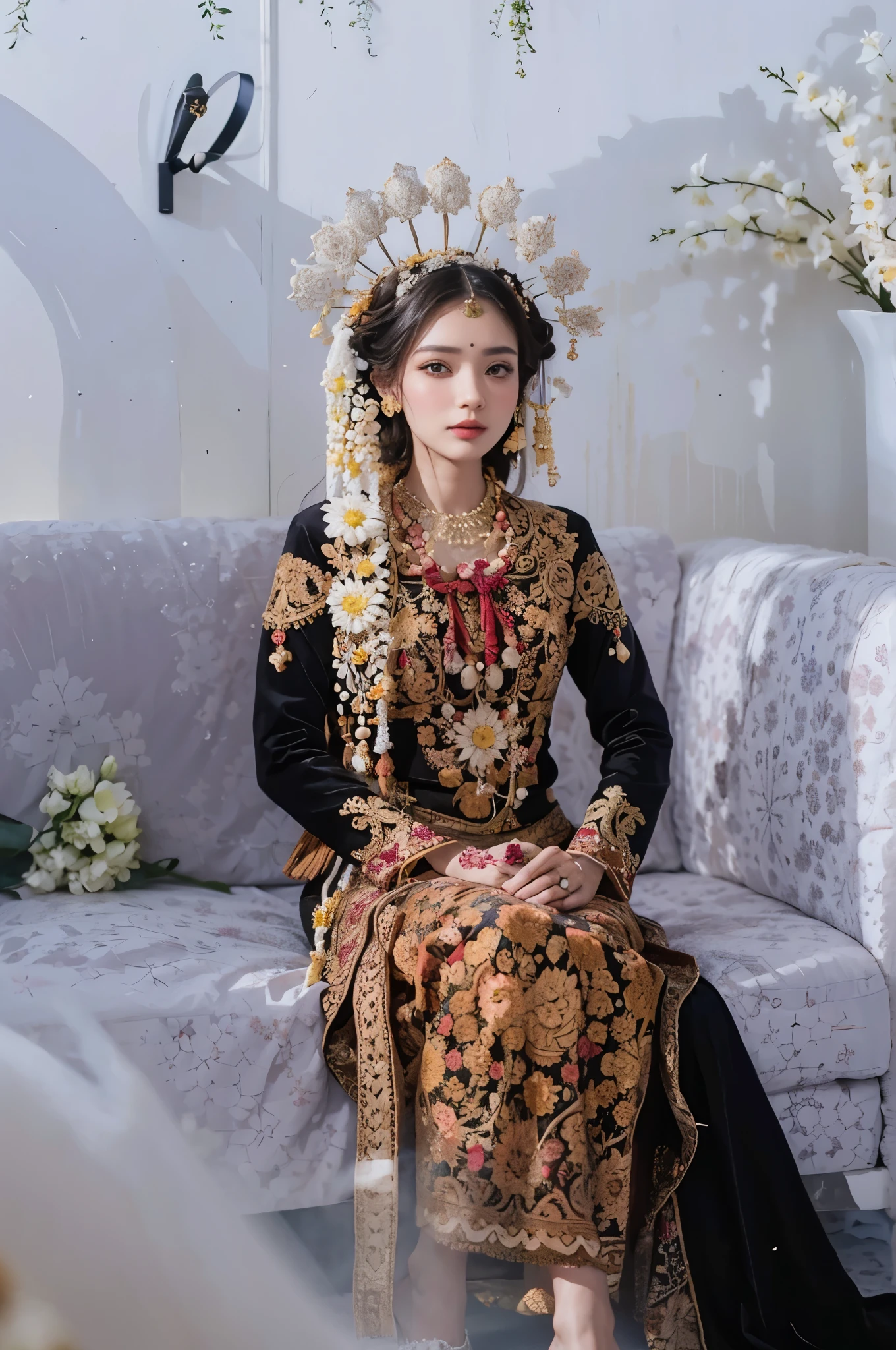 araffe woman in traditional dress sitting on a couch with flowers, traditional dress, traditional clothes, wearing traditional garb, wearing ornate clothing, traditional clothing, bride, traditional beauty, traditional, wearing an ornate outfit, traditional costume, wearing authentic attire, wedding, potrait, comming, protrait, portrait shot, ornate attire, traditional makeup, ornately dressed