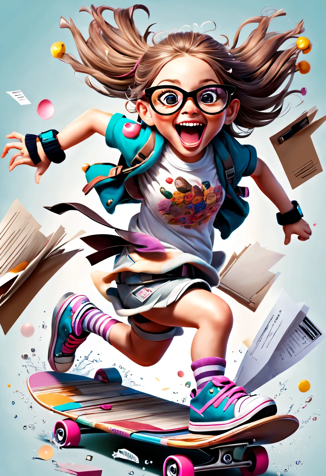 Grunge style, (running, sweaty, Crazy little girl happily sprinting on skateboard: 1.2), (Free to get off work), (Open your mouth wide), (Backpack), (Carrying many official documents and glasses: 1.3), Hip hop fashion design style, splash,