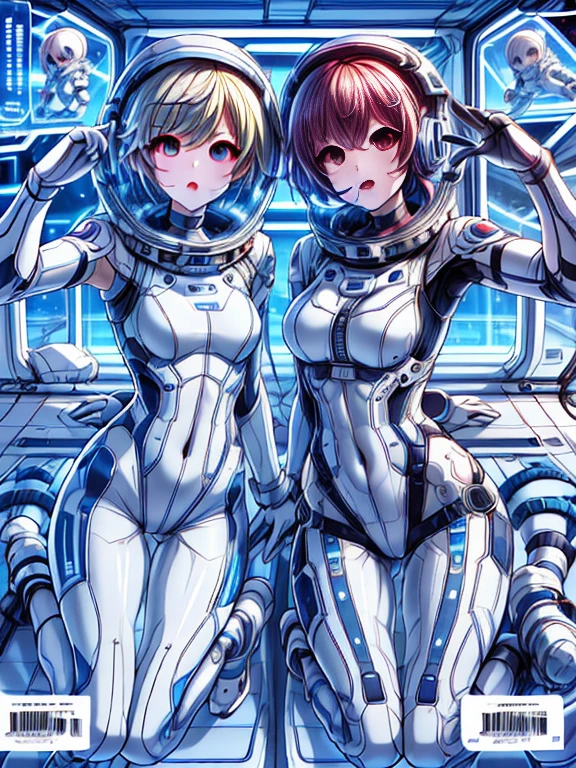 highest quality、Masseter muscle part、cover、2 girls、(White spacesuit)、(blonde):1.5、(futuristic, Tight Fit Bodysuit)、headphone、Cyberpunk futuristic city background、masterpiece、highest quality、