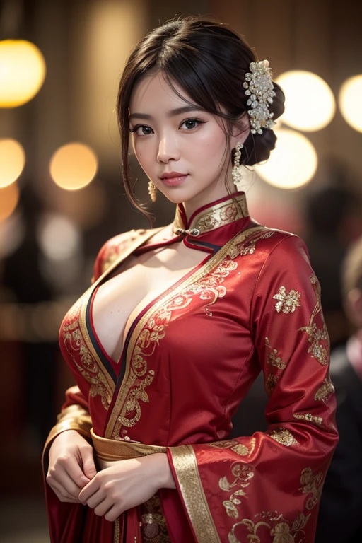 wide angle photography shot by Nikon-z9, (50mm lens, f/1.4, ISO 100), A woman model wears a Mandarin gown red color, celebrate the Chinese New Year, (RAW photo:1.2), (photorealistic:1.4), (masterpiece:1.2), (intricate detailed), (best quality:1.2), (professional photography), (realistic:1.5), (soft light:1.3), (defuse lighting:0.7), (ambient lighting:0.6), (rim lighting,:1.2), fine textures, (depth of field:1.2), (bokeh:1.2), (face focus:1.5), film overlay, film grai