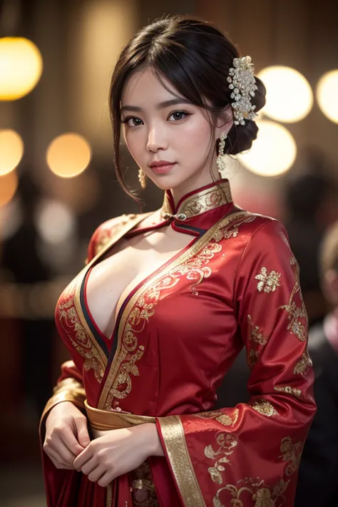 wide angle photography shot by Nikon-z9, (50mm lens, f/1.4, ISO 100), A woman model wears a Mandarin gown red color, celebrate t...