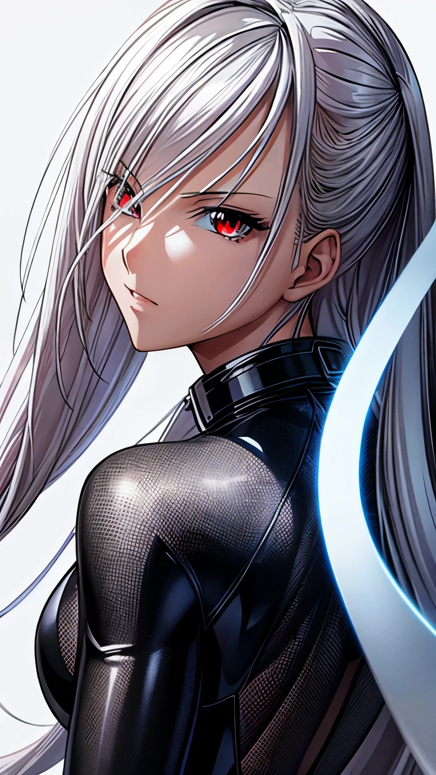 (masterpiece, best quality, ultra-detailed, highres, illustration:0.8), extremely detailed wallpaper, official art, amazing, high detail, ultra-detailed, extremely detailed 8k wallpaper,closed full body, bright silver hair, red eyes with slit pupils, (white background: 1.3), (1girl, solo),(bodysuit),sexy,perfect anatomy,beautiful face, back figure, looking back, 