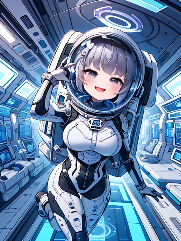 very detailed、masterpiece、high quality、one high school girl、12 years old、(helmet):1.5,(Black and white spacesuit、accent)、front zipper、(futuristic, Tight Fit Bodysuit)、headphone、Cyberpunk space station interior background、(Colorful purple hair), (pink eyes), change,twin tails,sassy change，cheey change，mesugaki,girl,天才girl、(big breasts):1.0,(blush):1.1halo,(bing astronaut)