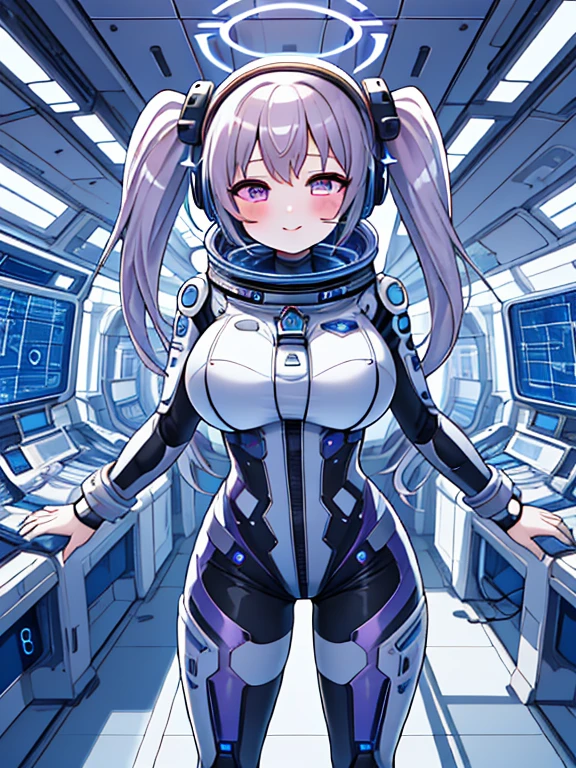 very detailed、masterpiece、high quality、one high school girl、、(helmet):1.4,(Black and white spacesuit、accent)、front zipper、(futuristic, Tight Fit Bodysuit)、headphone、Cyberpunk space station interior background、(Colorful purple hair), (pink eyes),(beautiful eyes), change,twin tails,sassy change，cheey change，mesugaki,girl,Genius girl、(big breasts):1.0,(blush):1.1halo,(bing astronaut)