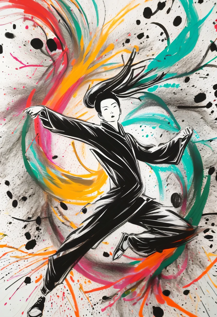 scribble art，ink splatter，Wild，splash ink painting，Abstraction，rich and colorful，Vague dreams，Dynamic energy,publish creation，visual impact,modern aesthetic,Elegant and simple,Contemporary interpretation,be bold,Chinese Kung Fu