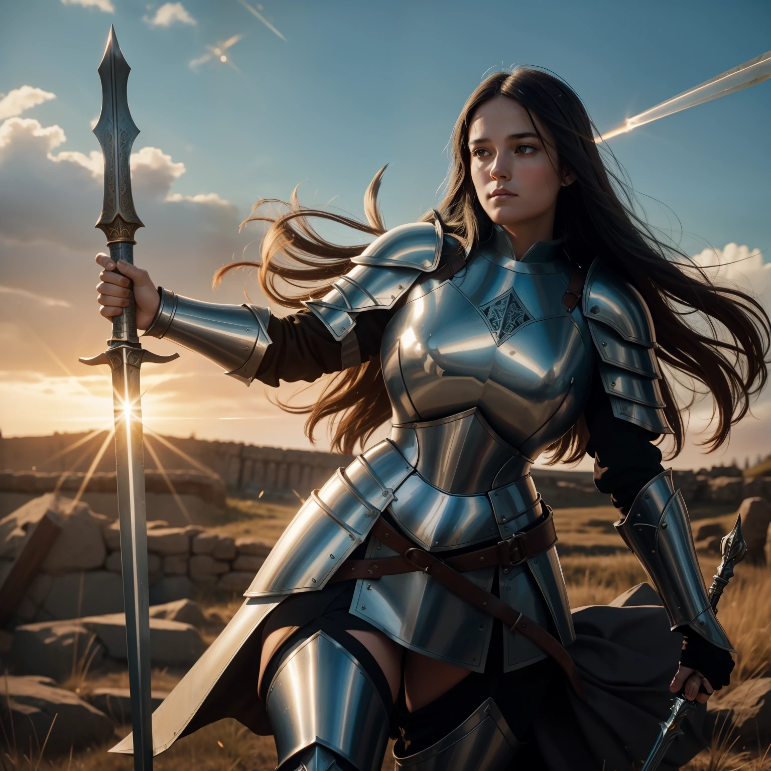 Joan of Arc ,beautiful thick thighs, long dark hair, 3/4 body, in full armor leading in medieval Europe ::5 brandishing a spear and radiating divine light ::4 the palpable atmosphere of determination and courage ::3 Detailed visualization of the armor, weapon, and period attire ::2 a powerful and inspiring historical scene ::1 50 --s 2