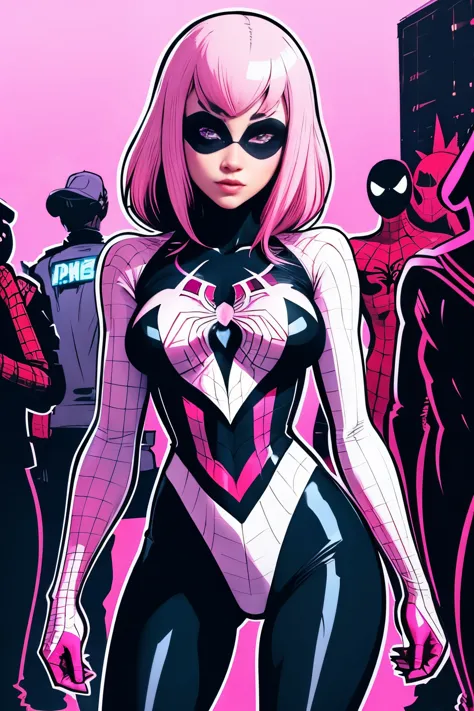 A Spider-Gwen at a street protest. He is surrounded by other protesters and police. The setting is urban and chaotic. The image is digital art, highly detailed, with shadow and light work. Vivid colors, pink lighting background 