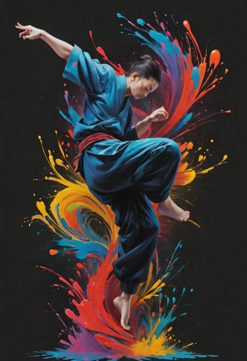 scribble art，ink splatter，Wild，splash ink painting，Abstraction，rich and colorful，Vague dreams，Dynamic energy,publish creation，visual impact,modern aesthetic,Elegant and simple,Contemporary interpretation,be bold,black background，Chinese Kung Fu