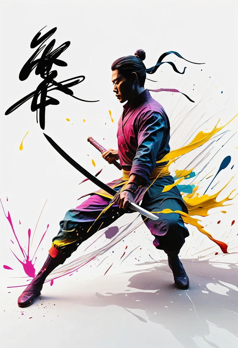 scribble art，ink splatter，Wild，splash ink painting，Abstraction，rich and colorful，Vague dreams，Dynamic energy,publish creation，visual impact,modern aesthetic,Elegant and simple,Contemporary interpretation,be bold,black background，Chinese swordsman