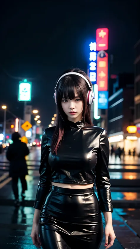 chinese cyberpunk bjd doll girl, wearing headphones and short black clothes, burgundy, cerulean and dianthus pink, inspired in a...