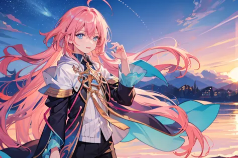 1boy, magical, long hair, pink hair, blue eyes, idol costume, ahoge, sunset, night view, starry sky, blue sky