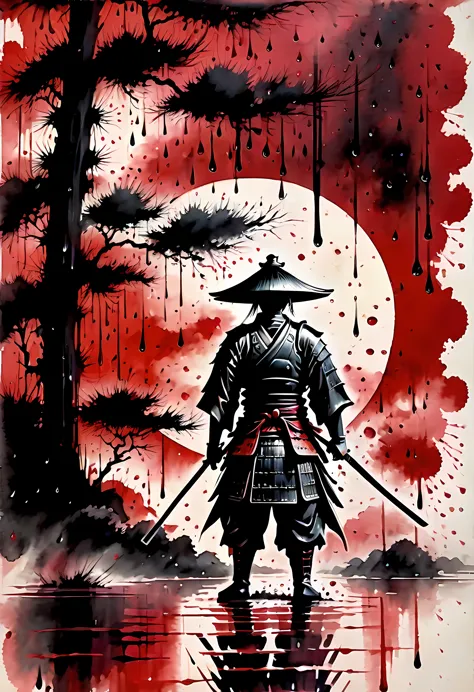(best quality,realistic),(traditional Japanese art:1.1),(ink splatter:1.1),(samurai),(detailed Japanese armor),(dramatic lightin...
