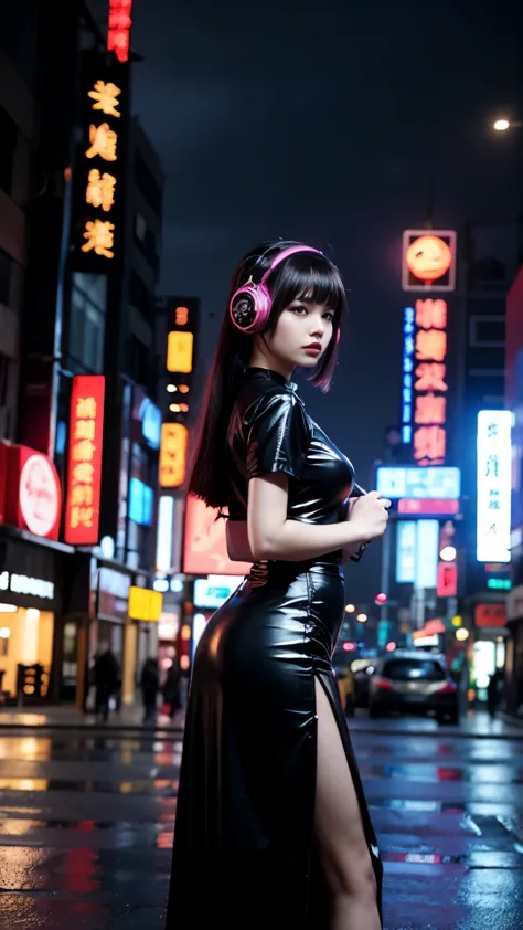 chinese cyberpunk bjd doll girl, wearing headphones and short black clothes, burgundy, cerulean and dianthus pink, inspired in a...