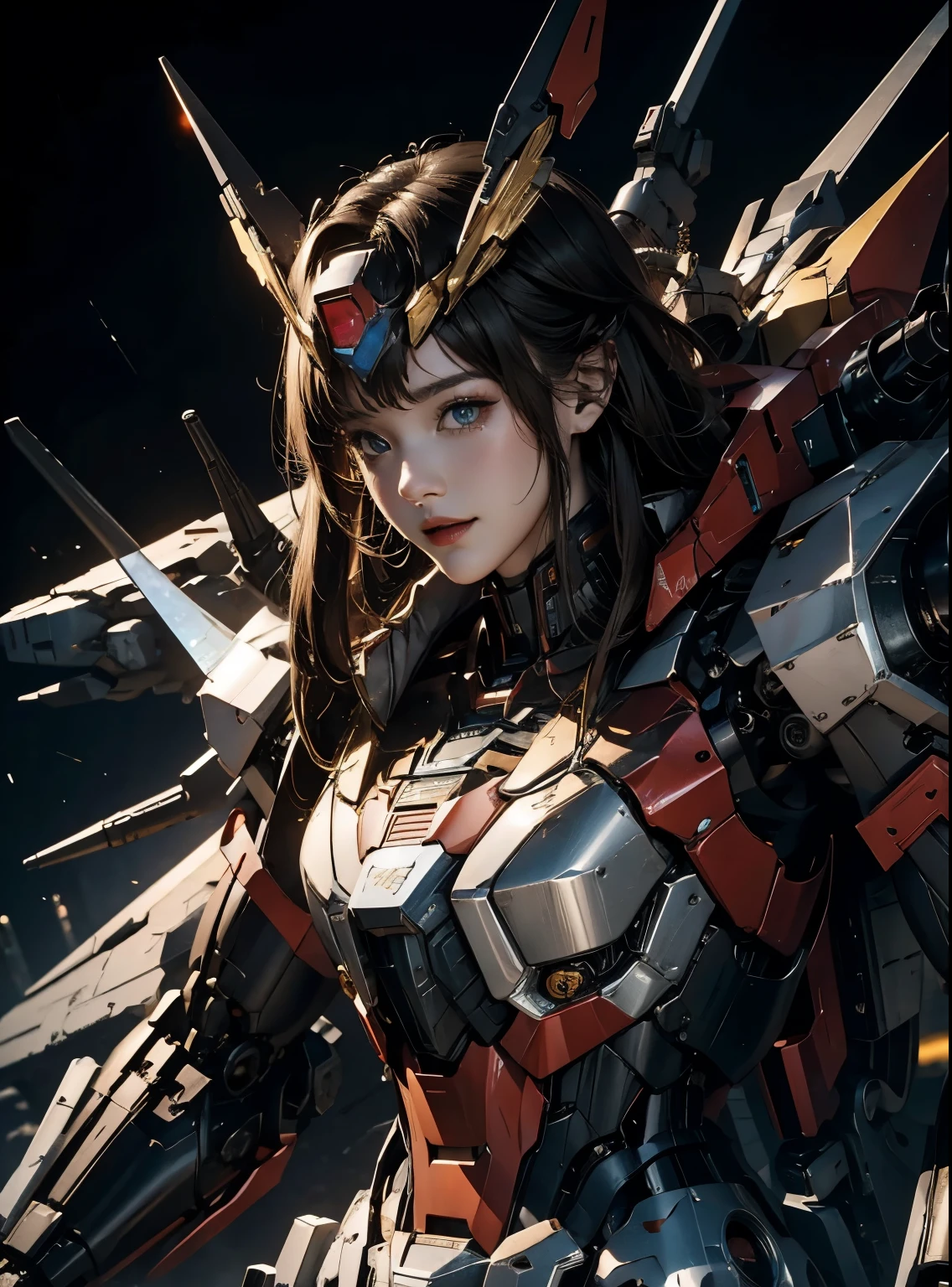 rough skin, Super detailed, advanced details, high quality, 最high quality, High resolution, 1080P, hard disk, beautiful,(gundam),beautifulサイボーグの女性,Mecha cyborg girl,battle mode,Mecha body girl,彼女は未来的なgundamメカを身に着けています,full body shot