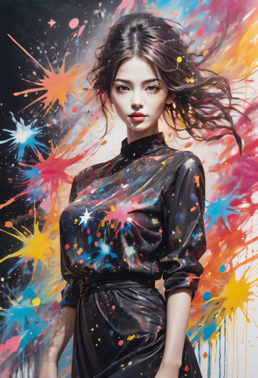 scribble art，ink splatter，Wild，splash ink painting，Abstraction，rich and colorful，Vague dreams，Dynamic energy,publish creation，visual impact,modern aesthetic,Elegant and simple,Contemporary interpretation,be bold,Stylized abstract portrait of beautiful girl，