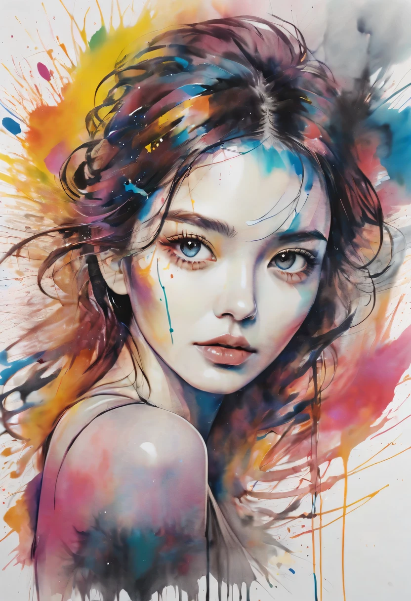 scribble art，ink splatter，Wild，splash ink painting，Abstraction，rich and colorful，Vague dreams，Dynamic energy,publish creation，visual impact,modern aesthetic,Elegant and simple,Contemporary interpretation,be bold,Stylized abstract portrait of beautiful girl，