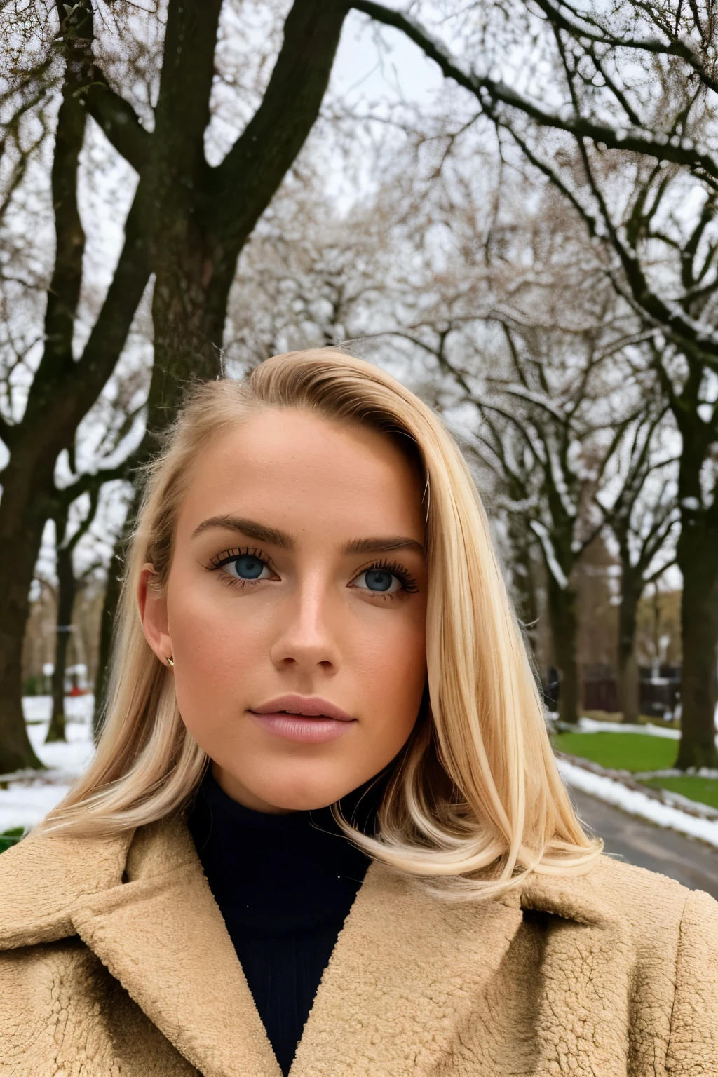 photorealistic, best quality, hyper detailed, beautiful woman with natural blonde hair, selfie photo, front view, solo, wearing winter coat, outdoors, (daytime),bare trees, (sexy), skin texture with perky 30G  and perfect medium bubblebutt visible under clothing, film grain, close up, ultra high res, best shadow, RAW, instagram LUT.