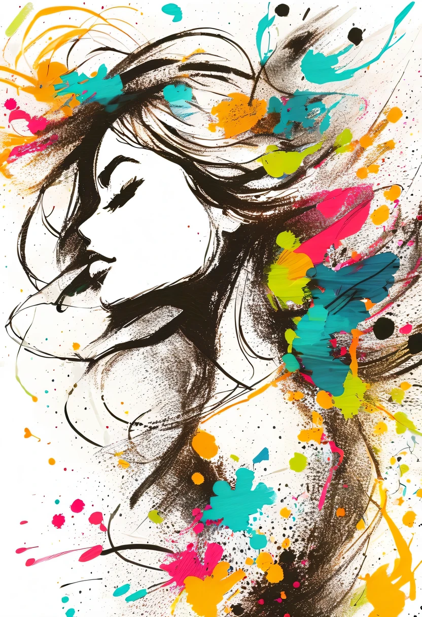 scribble art，ink splatter，Wild，splash ink painting，Abstraction，rich and colorful，Vague dreams，Dynamic energy,publish creation，visual impact,modern aesthetic,Elegant and simple,Contemporary interpretation,be bold,Stylized abstract portrait of beautiful girl，