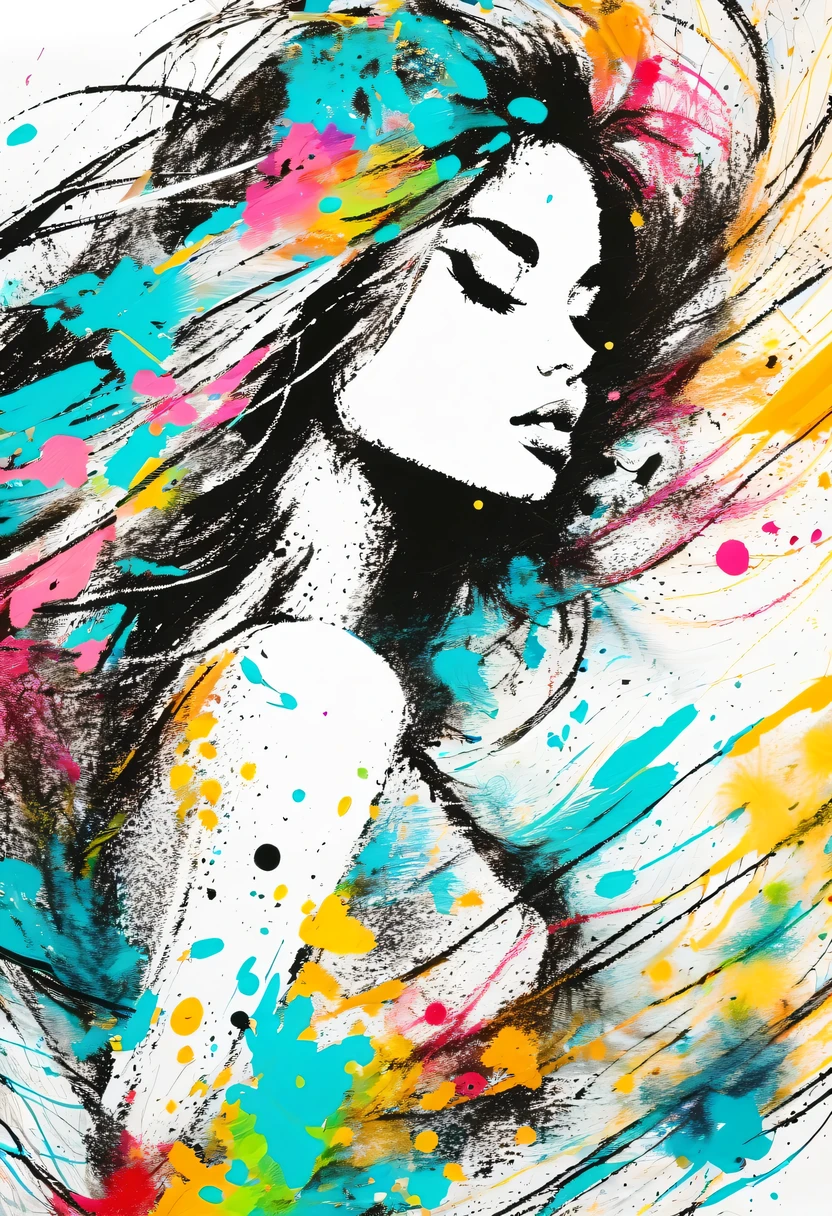 scribble art，ink splatter，Wild，splash ink painting，Abstraction，rich and colorful，Vague dreams，Dynamic energy,publish creation，visual impact,modern aesthetic,Elegant and simple,Contemporary interpretation,be bold,Stylized abstract portrait of beautiful girl，