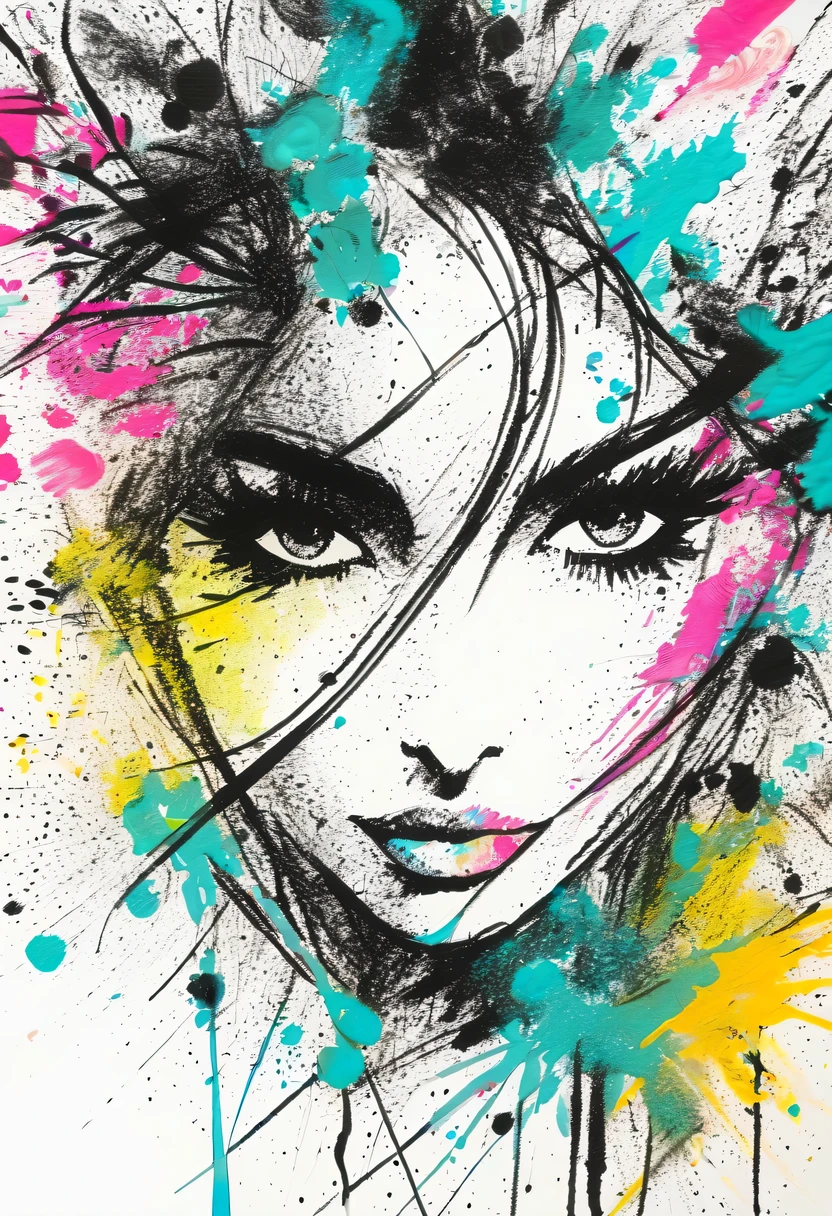 scribble art，ink splatter，Wild，splash ink painting，Abstraction，rich and colorful，Vague dreams，Dynamic energy,publish creation，visual impact,modern aesthetic,Elegant and simple,Contemporary interpretation,be bold,Stylized abstract portrait of beautiful girl，