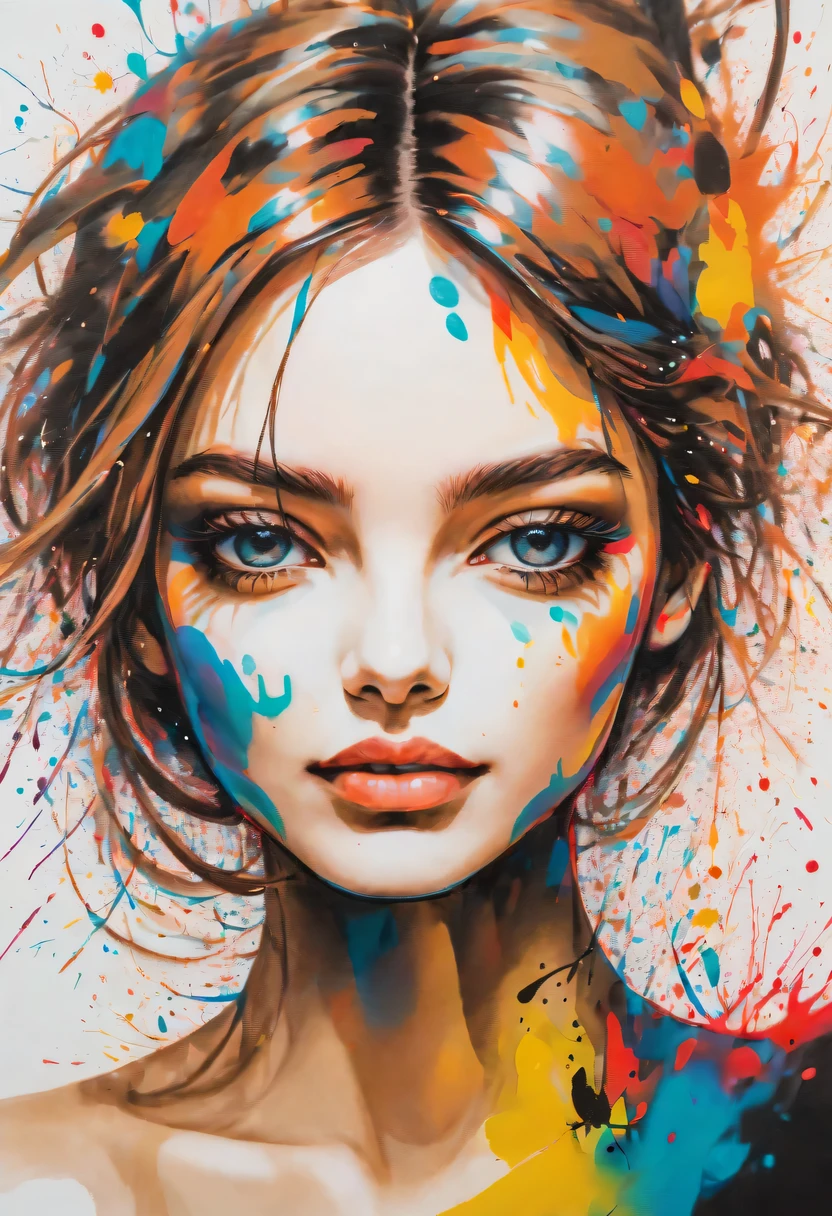 scribble art，ink splatter，Wild，splash ink painting，Abstraction，rich and colorful，Vague dreams，Dynamic energy,publish creation，visual impact,modern aesthetic,Elegant and simple,Contemporary interpretation,be bold,Stylized abstract portrait of beautiful girl，