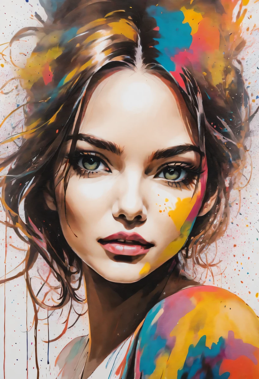 scribble art，ink splatter，Wild，splash ink painting，Abstraction，rich and colorful，Vague dreams，Dynamic energy,publish creation，visual impact,modern aesthetic,Elegant and simple,Contemporary interpretation,be bold,Stylized abstract portrait of beautiful girl，