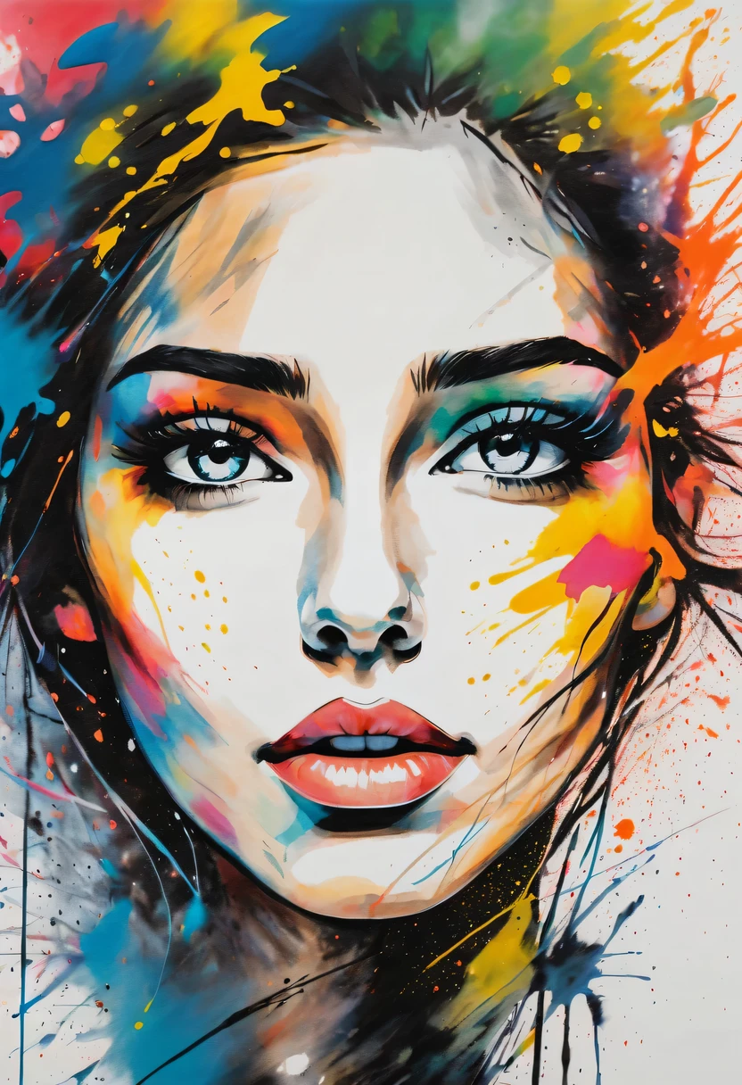 scribble art，ink splatter，Wild，splash ink painting，Abstraction，rich and colorful，Vague dreams，Dynamic energy,publish creation，visual impact,modern aesthetic,Elegant and simple,Contemporary interpretation,be bold,Stylized abstract portrait of beautiful girl，