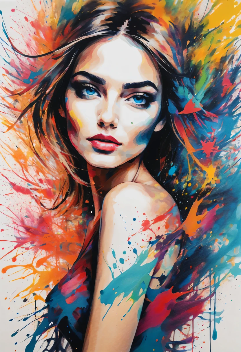 scribble art，ink splatter，Wild，splash ink painting，Abstraction，rich and colorful，Vague dreams，Dynamic energy,publish creation，visual impact,modern aesthetic,Elegant and simple,Contemporary interpretation,be bold,Stylized abstract portrait of beautiful girl，