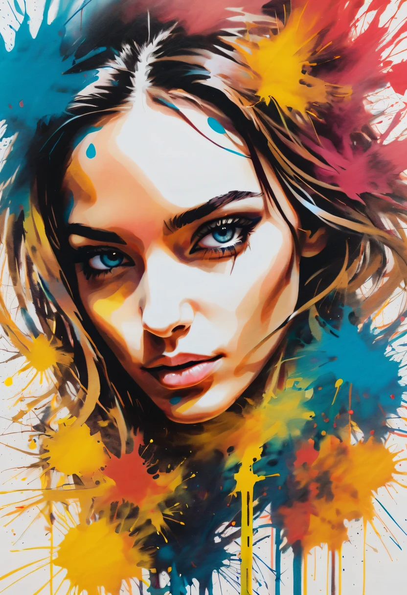 scribble art，ink splatter，Wild，splash ink painting，Abstraction，rich and colorful，Vague dreams，Dynamic energy,publish creation，visual impact,modern aesthetic,Elegant and simple,Contemporary interpretation,be bold,Stylized abstract portrait of beautiful girl，