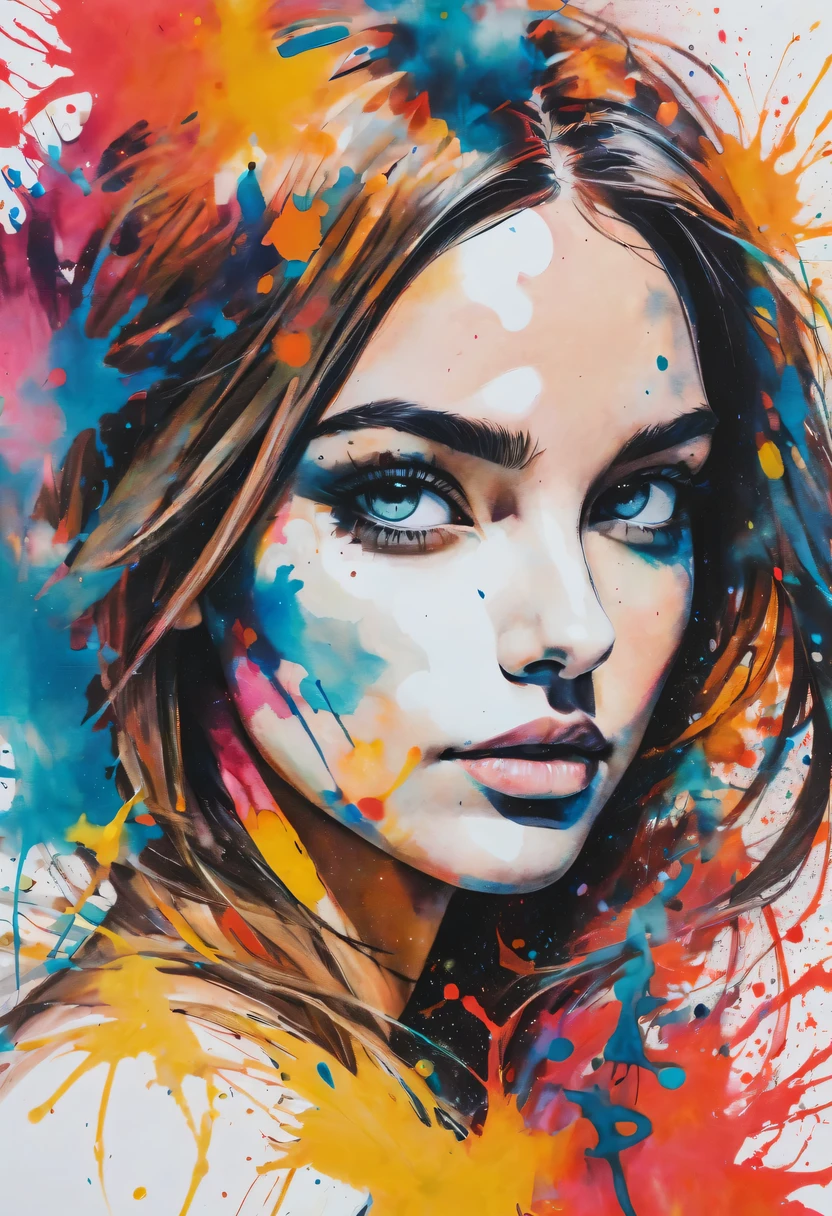 scribble art，ink splatter，Wild，splash ink painting，Abstraction，rich and colorful，Vague dreams，Dynamic energy,publish creation，visual impact,modern aesthetic,Elegant and simple,Contemporary interpretation,be bold,Stylized abstract portrait of beautiful girl，