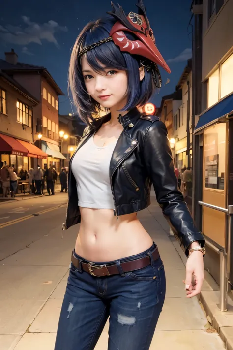 1girl, ((leather jacket, crop too)), (long dark blue jeans, iron belt), ((bare midriff, navel)), high quality, town, night, stan...