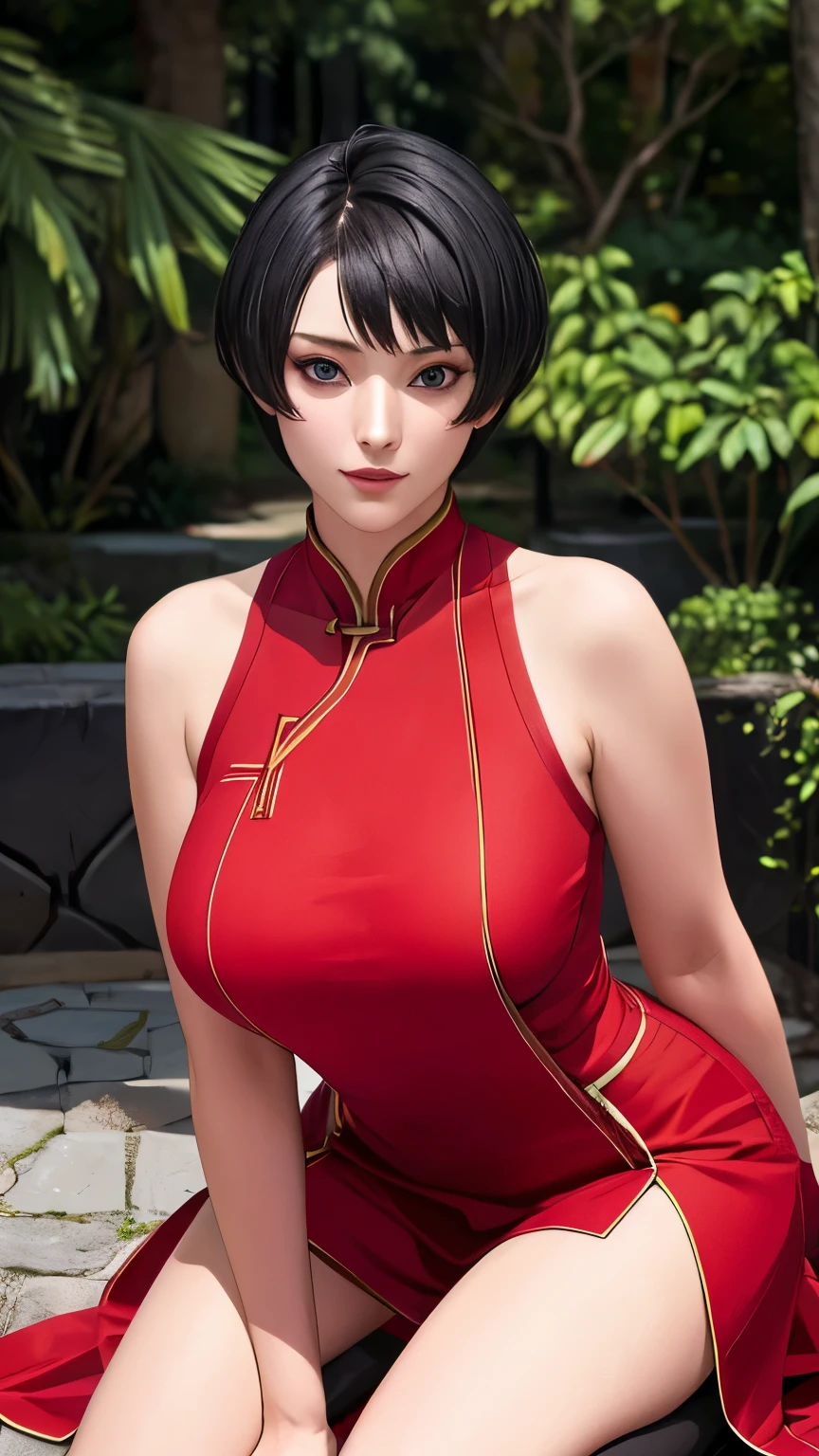 （（（Wearing a red slit cheongsam，Black gloves on both hands。（（（Kurotsuchi，short black hair，black pupils，Good-looking， ））），（（（wide hips））），S-shaped body:1.7））），((masterpiece)),high resolution, ((Best quality at best))，masterpiece，quality，Best quality，（（（ Exquisite facial features，looking at the audience,There is light in the eyes，lol，confidence ））），（（（Light and shadow interlace，huge ））），（（（looking into camera，Kneel and put on）））