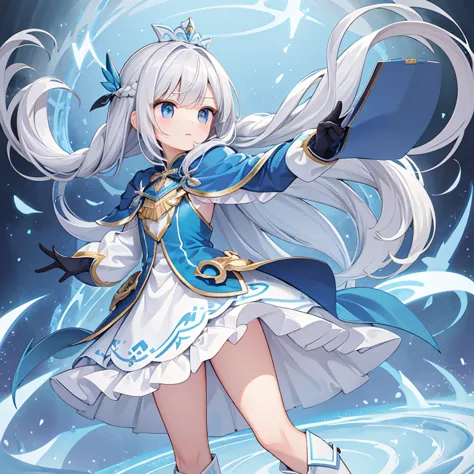 high quality,Lady,Silver hair long hair,Braid,Trim your bangs,blue dress,cape,Clear look,white long boots,kicking,sole,Drawers
