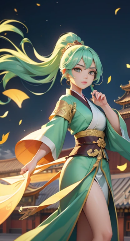 highly detailed artwork, Tall character, Drawing style with alcohol ink, Stand out with gold highlights... The subject is a Chinese female warrior with long-standing skills., flowing pastel green hair, looking at camera, Bright skin, and wore a beautiful pastel green hanfu... She held a golden long sword in her hand.., Gracefully falling from the sky with clothes and hair blowing in the wind.., Create a mesmerizing scene. The composition consists of the play of light and shadow.., With the Forbidden City in the background.., And the camera angle will be higher when the character descends..."