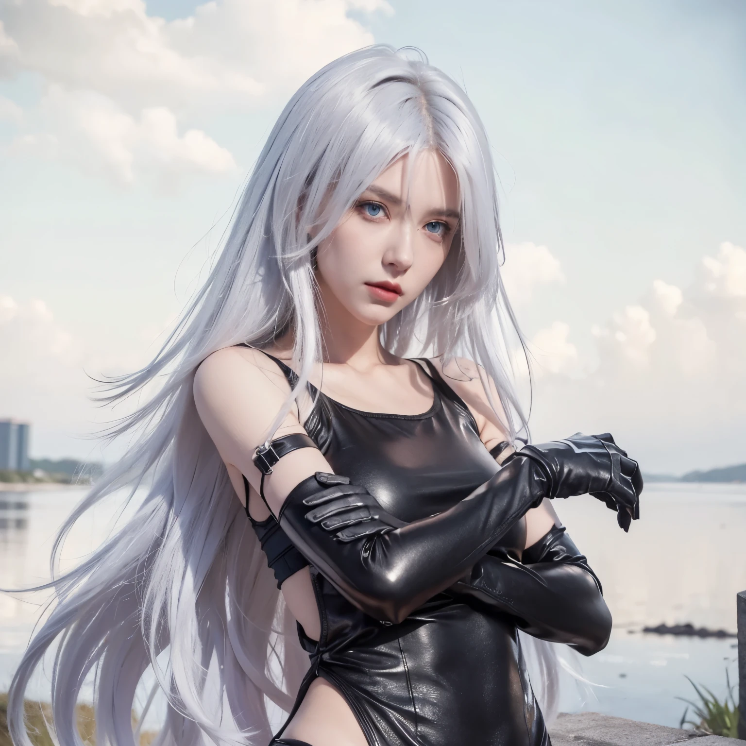 a2, 1girl, android, bare shoulders, black gloves, black tank top dress, (tight clothes), blue eyes, elbow gloves, gloves, (hair between eyes), long hair, robot, robot joints, tank top, white hair, robot, robot joints, mechanical parts, (sinister expression), folding arms ,grass, outdoors, overgrown plants, post-apocalypse, puddle, rubble, ruins, scenery, sky, water
