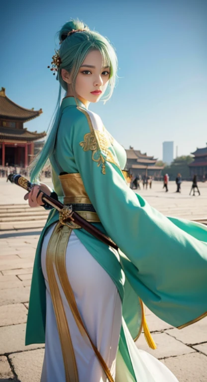 highly detailed artwork, Tall character, Drawing style with alcohol ink, Stand out with gold highlights... The subject is a Chinese female warrior with long-standing skills., flowing pastel green hair, looking at camera, Bright skin, and wore a beautiful pastel green hanfu... She held a golden long sword in her hand.., Gracefully falling from the sky with clothes and hair blowing in the wind.., Create a mesmerizing scene. The composition consists of the play of light and shadow.., With the Forbidden City in the background.., And the camera angle will be higher when the character descends..."