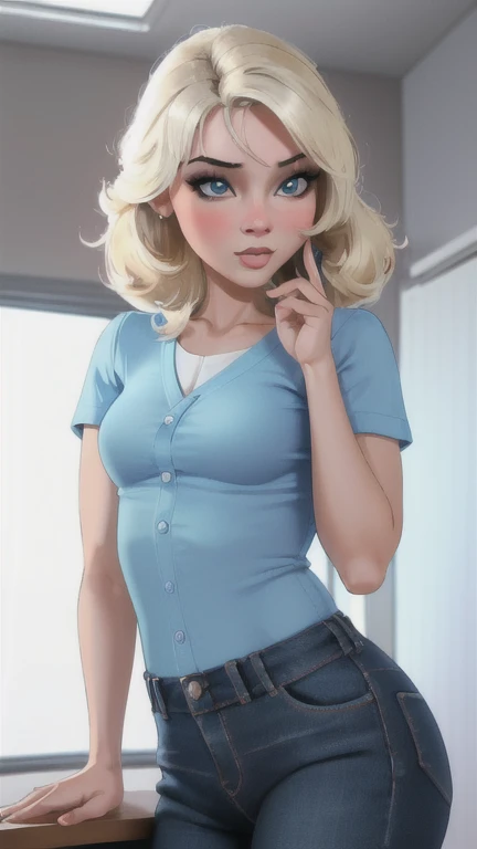 (Best Quality,4k,8k,high resolution,masterpiece:1.2),ultra detailed,(realist,photorealist,photo-realist:1.37),Portraits, attire,blue high cut coat,Blue mini skirt,White shirt,perky breasts,beautiful detailed eyes,beautiful detailed lips,shy girl,blush,thick thighs,leaning over the desk,classroom lighting,realist lighting