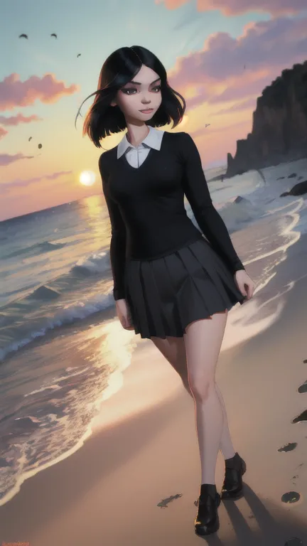 black hair, green eyes, volumetric lighting, light particles, beach background, evening, paper lantern, dark, sunset, pleated sk...