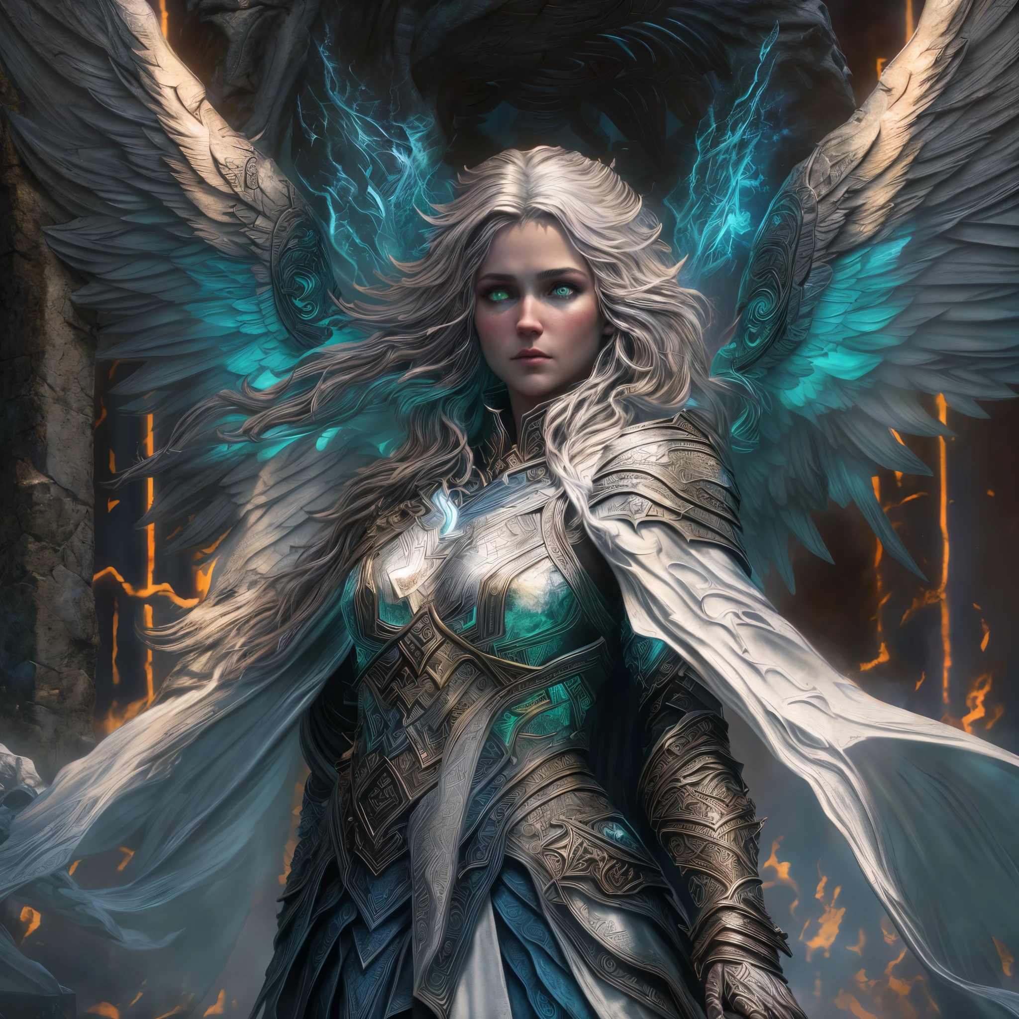 8k, ultra detailed, masterpiece, best quality, (extremely detailed), arafed, dnd art, panoramic view, full body, 1soloaasimar cleric casting a flaming spell,  aasimar, female, (Masterpiece 1.3, intense details), female, cleric, holy warrior, casting radiant spell, divine spell (Masterpiece 1.3, intense details) large angelic wings, azure angelic wings spread (Masterpiece 1.3, intense details), fantasy divinel background (Masterpiece 1.5, intense details), sun, clouds, wearing white armor  (Masterpiece 1.5, intense details), blue cloak, flowing robe (Masterpiece 1.3, intense details), high heeled boots (Masterpiece 1.3, intense details), armed with mace gl0w1ngR, metalic hair, green eyes, intense eyes, feminine, ultra detailed face, (Masterpiece 1.5, best quality), anatomically correct (Masterpiece 1.3, intense details), determined face, divine light, cinematic lighting, soft light, silhouette, photorealism, panoramic view (Masterpiece 1.3, intense details) , Wide-Angle, Ultra-Wide Angle, 8k, highres, best quality, high details