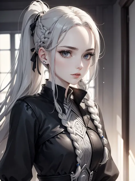 Cassandra is a tall young woman with pale skin, gray eyes and white wavy hair with gray streaks, braided into a high ponytail wi...