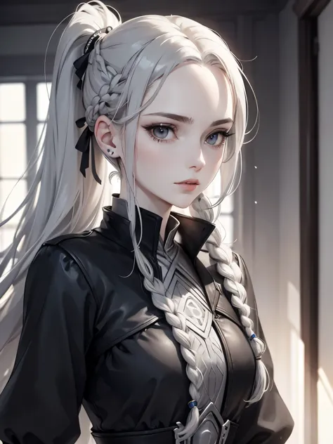 cassandra is a tall young woman with pale skin, gray eyes and white wavy hair with gray streaks, braided into a high ponytail wi...