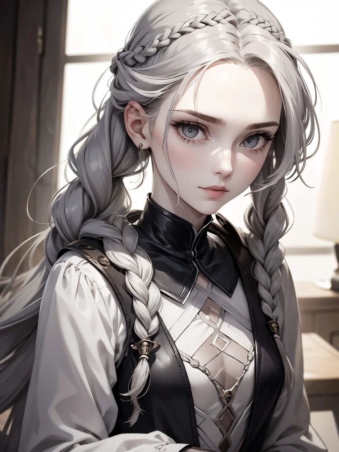 Cassandra is a tall young woman with pale skin, gray eyes and white wavy hair with gray streaks, braided into a high ponytail with many small braids. Two strands of hair and asymmetrical bangs go down the sides of the face