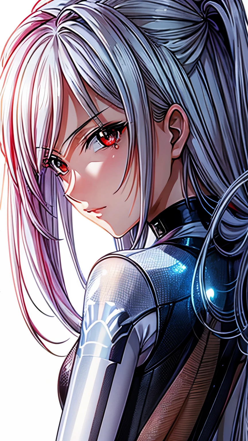 (masterpiece, best quality, ultra-detailed, highres, illustration:0.8), extremely detailed wallpaper, official art, amazing, high detail, ultra-detailed, extremely detailed 8k wallpaper,closed full body, bright silver hair, red eyes with slit pupils, (white background: 1.3), (1girl, solo),(bright red bodysuit),sexy,perfect anatomy,beautiful face, blush, heterochromia, back figure, looking back, 