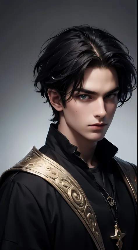 male wizard with black hair, intense green eyes, 25 years old, best quality work, 16k
