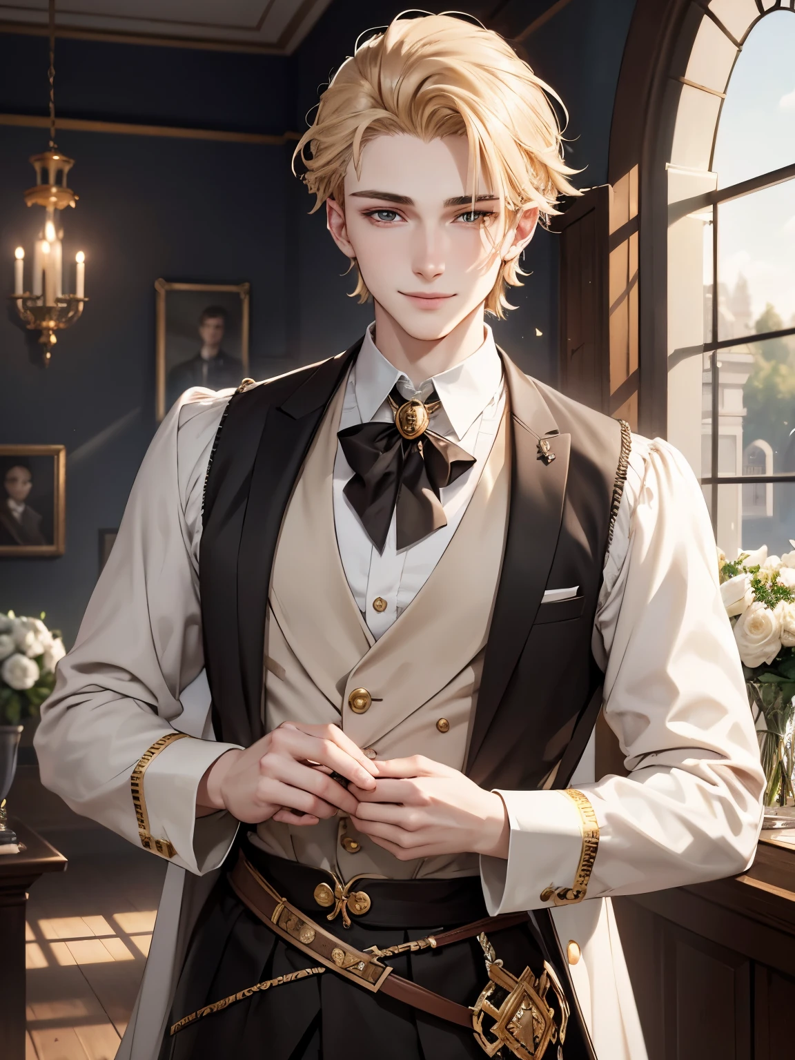 Nikolai is a 20 years old man, he has golden hair, shaved on one side and styled on the other, light brown eyes and slightly crooked nose, he has a beautiful face, "outlined by the features of a fairy-tale prince". He is described as extremely charming, handsome and smiling