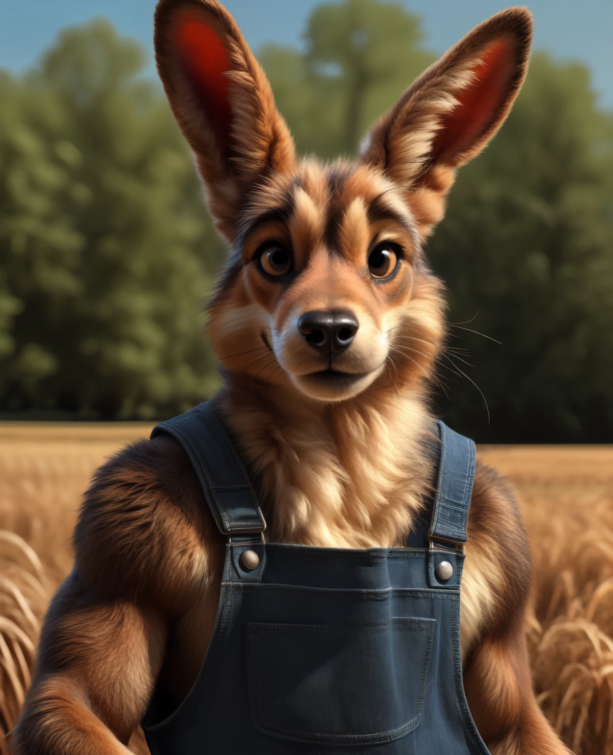 farm setting, a dog 8 year old jack russell terier lagomorph, muscular, overalls, smile512, looking at viewer, by Kenket, (Sharp focus, masterpiece, 8k, intricate artwork, hyper detailed, high detail)