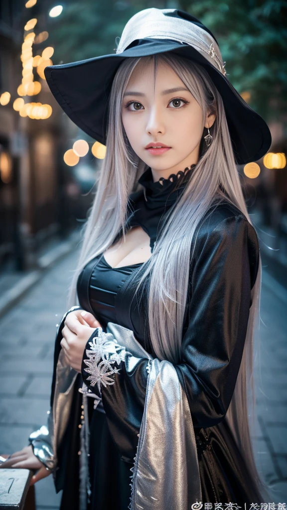 night,outside In town,(Black costume),wizard costume,(wizard's wand),wizard's pointed hat,full body,standing,earrings,(silver hair color),highest quality,4K,8K,High resolution,table top:1.2,super detailed,highly detailed eyes and face,beautiful and fine eyes,beautiful detailed lips,long eyelashes,realistic:1.37,Japanese,fine white skin,beautiful and magnificent composition,Marshmallow-like skin,table top,Charm,fantasy,mysterious,cute,((silver hair color)),silky smooth and straight hair,sharp focus,thinking,With a round face,