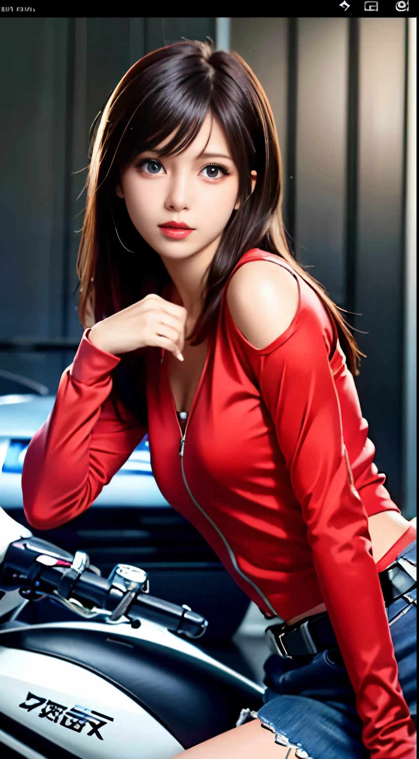 Arafed asian woman in red top sitting on a motorcycle - SeaArt AI