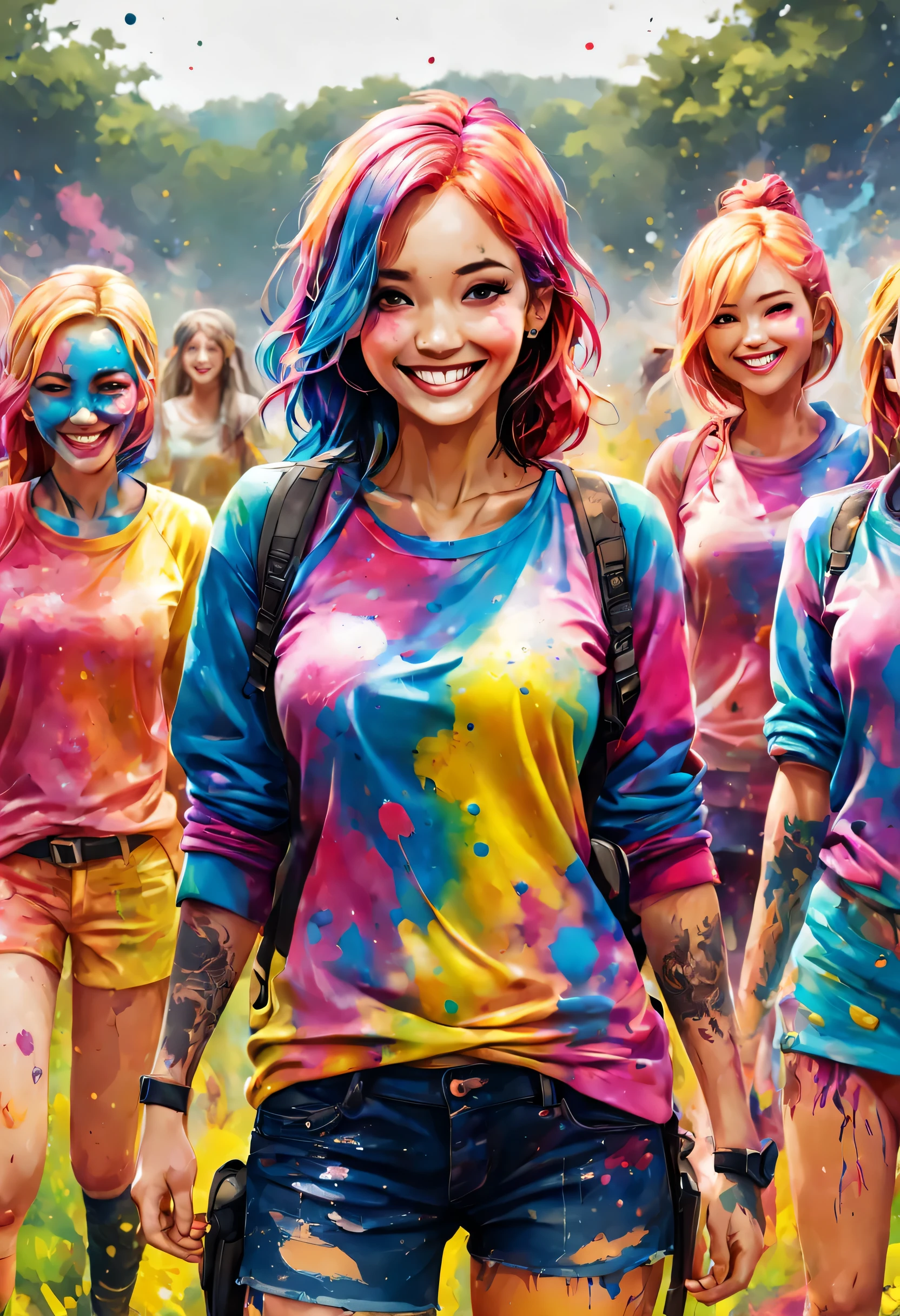 respingos de tinta, (Meninas com tinta por todo o corpo), roupas casuais, (tinta colorida), Sorriso, No campo do jogo de sobrevivência