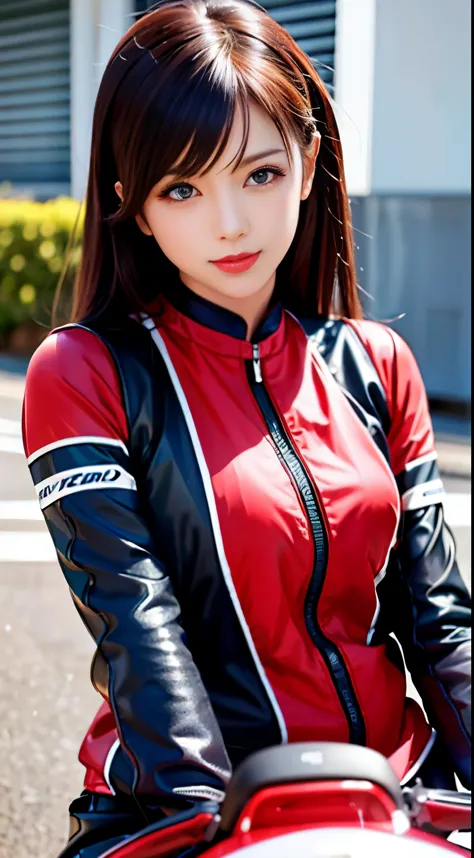 Japan  riding motorcycle,Happy!!!, , motorcycle,[ realistic pictures ]!!, High resolution,No sleeve、白いパンティが見えているarafed woman in red shirt sitting on a black motorcycle, person riding a bike, motorcycle, realistic artstyle, ultra detail. digital painting, s...